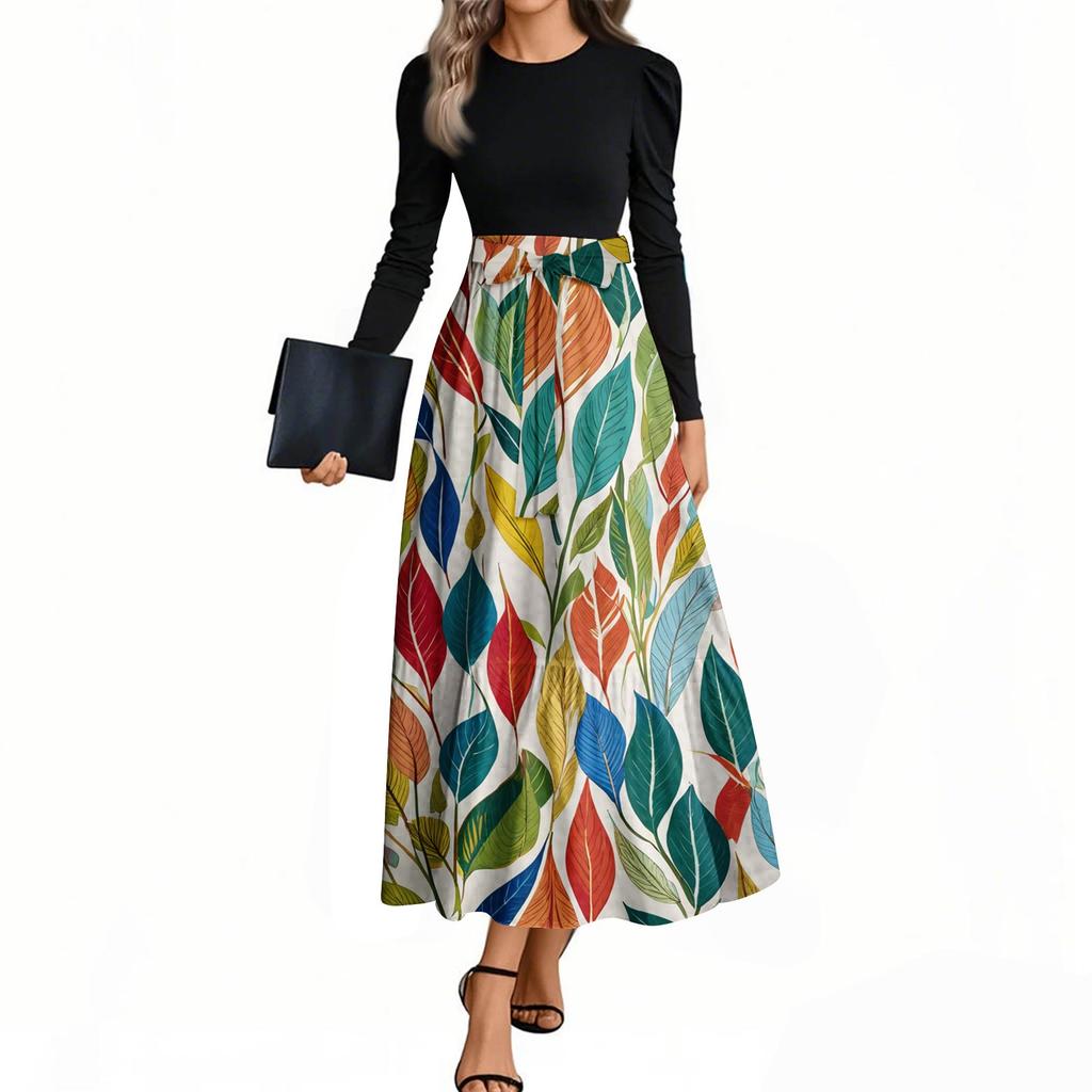 Damenmode Lässig Gürtel Langarm Rundhals Floral Bedruckt Elegant Temperament Kleider