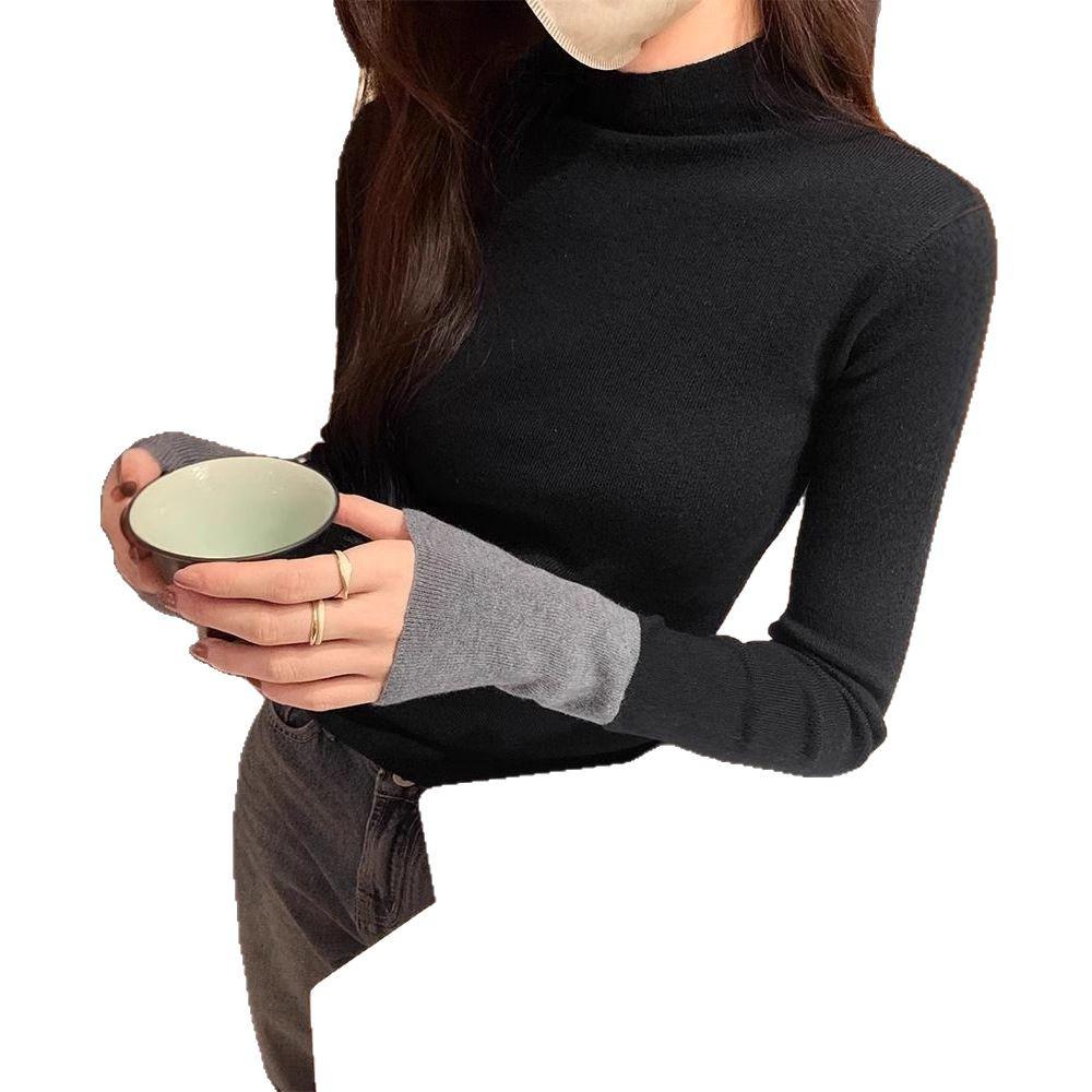 Korean Color Block Slim Fit Women's Knitwear - Autumn/Winter Long Sleeve Semi-High Neck Sweater