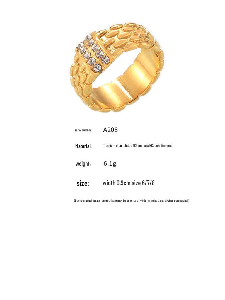 Bague en acier titane de style rétro européen et américain avec texture tissée et incrustation de diamant plaqué or 18 carats pour femmes