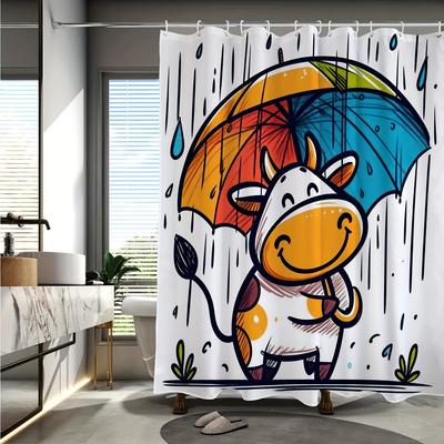 Umbrella Cow Cartoon Pattern Digital Print Shower Curtain, Bathroom Home Decor Four Seasons Woven Reversible Polyester Fabric