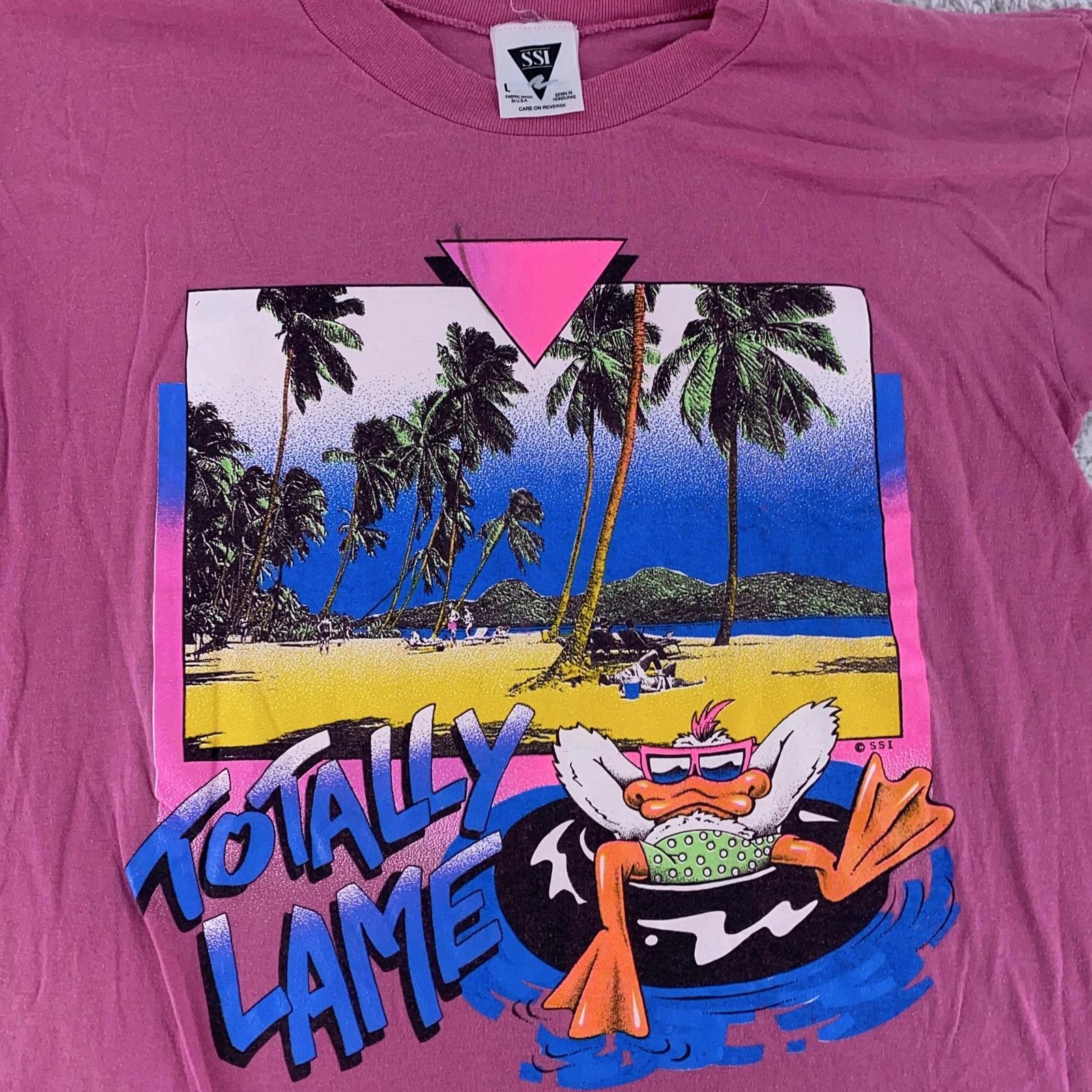 

Vintage Totally Lame Shirt Mens Medium Pink 80s Duck Cartoon Beach Graphic Surf S