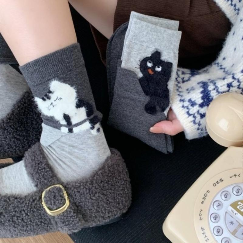 4 Pairs Autumn Winter Funny Socks Women Simple Cat-Print Mid-Calf Socks High Autumn Cute Fashion Woman Socks