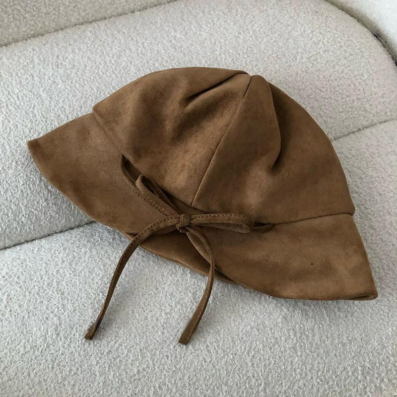 Bucket hat women's solid color versatile trendy face covering hat bow autumn and winter thin sunshade sunscreen basin hat