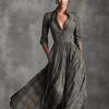 Long Sleeve V-Neck Plaid Dress with Button Front and Pockets