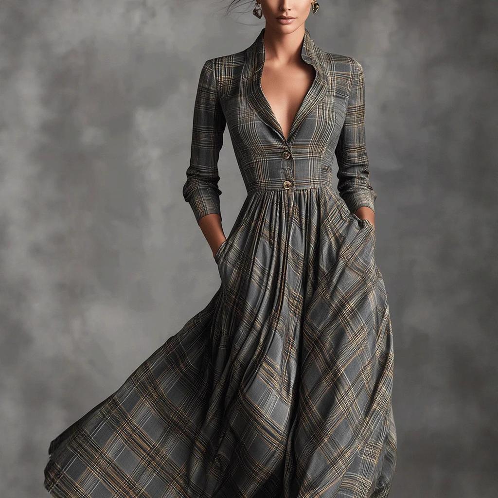 Long Sleeve V-Neck Plaid Dress with Button Front and Pockets