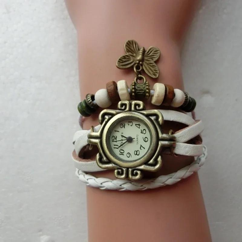 

Женские винтажные кварцевые часы из натуральной кожи, многослойный браслет ручной работы, наручные часы, регулируемая длина, браслет для парных часов белый