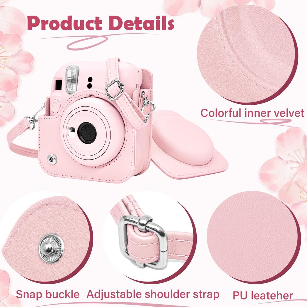 kinokoo Instax Mini 12 Case, Fujifilm Instax Mini 12 Camera Case with Snap Closure and Shoulder Strap (Pink)