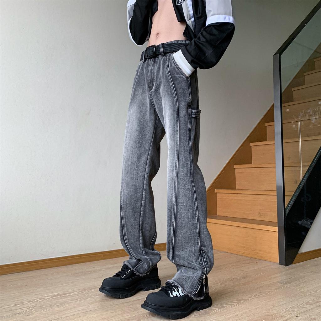 American retro jeans men's European and American high street vibe pants loose straight zipper split fork rough edge micro pull pants