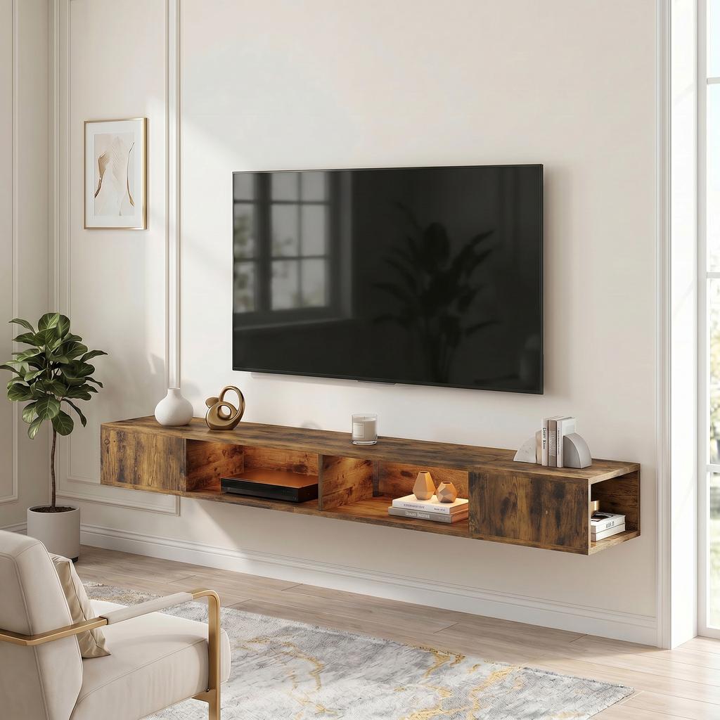 Wall Mounted TV Stand With RGB LED Lights Floating Entertainment Centre For 75 Inch TV Rustic Brown
