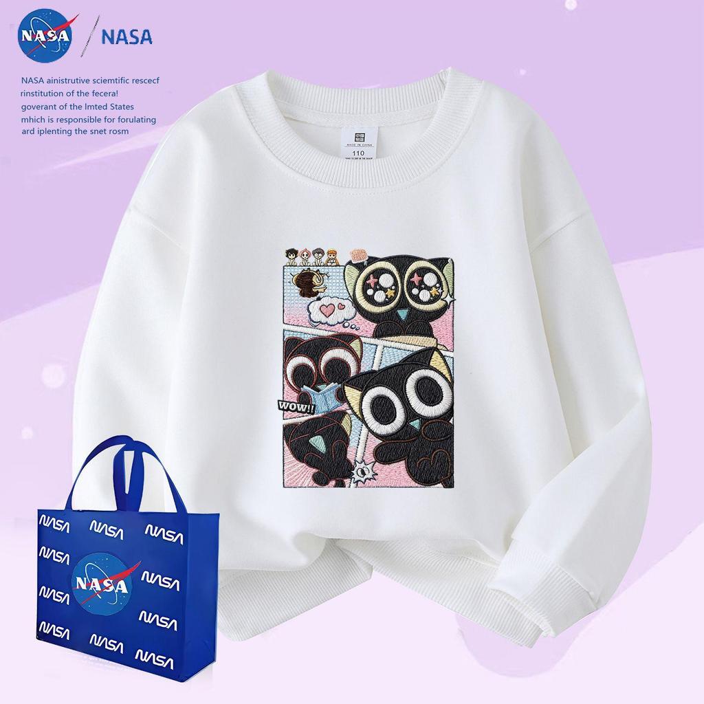NASA Luo Xiaohei Kids' Faux Embroidery Fleece-Lined Hoodie - Chinese Style Long Sleeve Cartoon Design