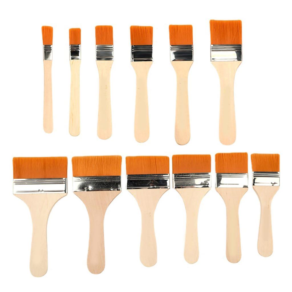 12PCS Flat Paint Brush Nylon Bristle Wooden Handle Aluminum Alloy Chip Paint Brush for BBQ Yellow 12PCS
