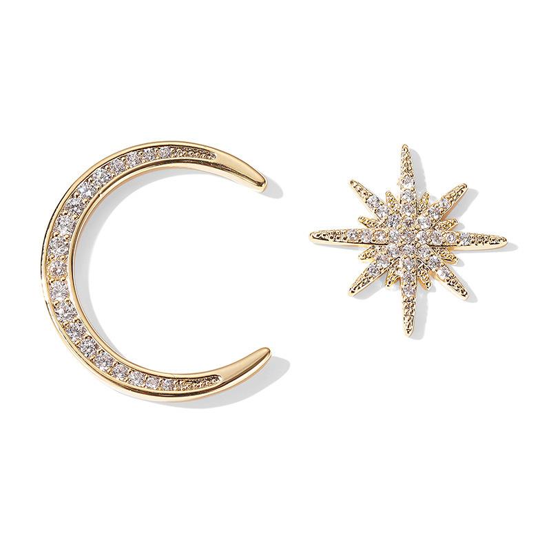 New temperament, high-end sense, unique zircon stud earrings, women, design sense, star moon earrings, asymmetrical personalized ears