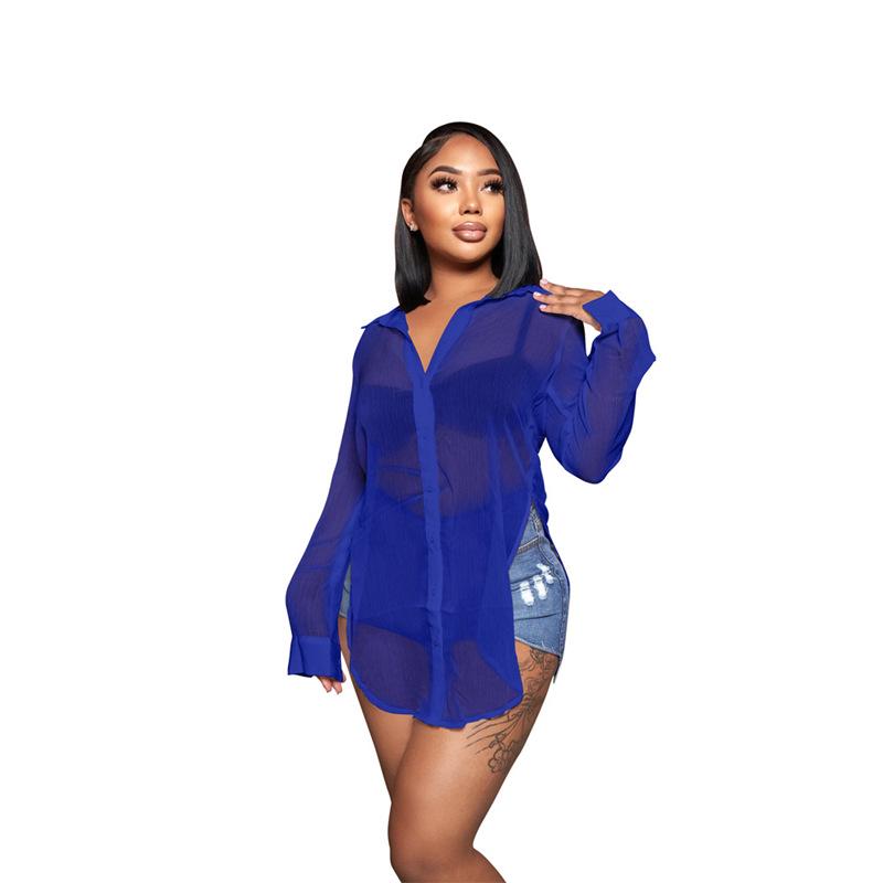 Women's Solid Color Sheer Chiffon Shirt - Sexy, Single-breasted, Long Sleeve, Loose Fit with Lapel and Split Design