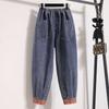 Plus Size Women Jeans Pants Vintage Denim Harem Splice Female Elastic Basic Blue High Waist Trousers