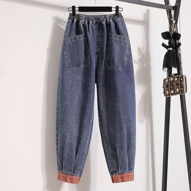 Plus Size Women Jeans Pants Vintage Denim Harem Splice Female Elastic Basic Blue High Waist Trousers