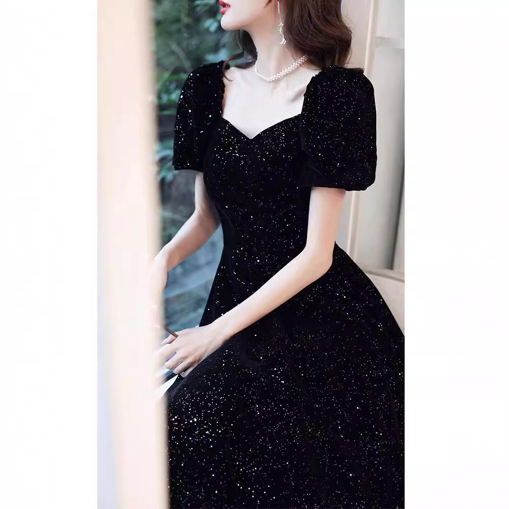 Schwarzes Abendkleid 1011 neue französische Eleganz Temperament lang Sternenhimmel Bankett Jahrestreffen Gastgeberkleid Kleid Frau