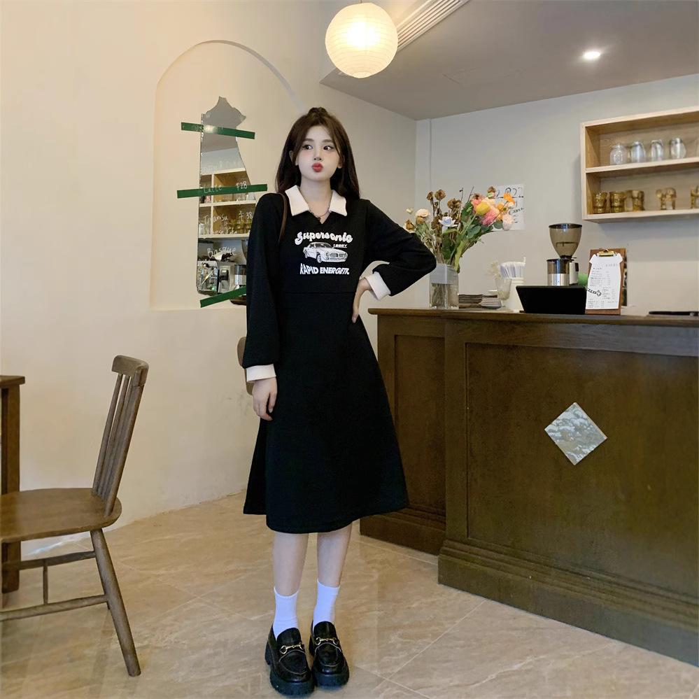 

Large size women s clothing fat mm Hepburn style black polo collar printed dress autumn new waist and thin skirt XXXXL чорний