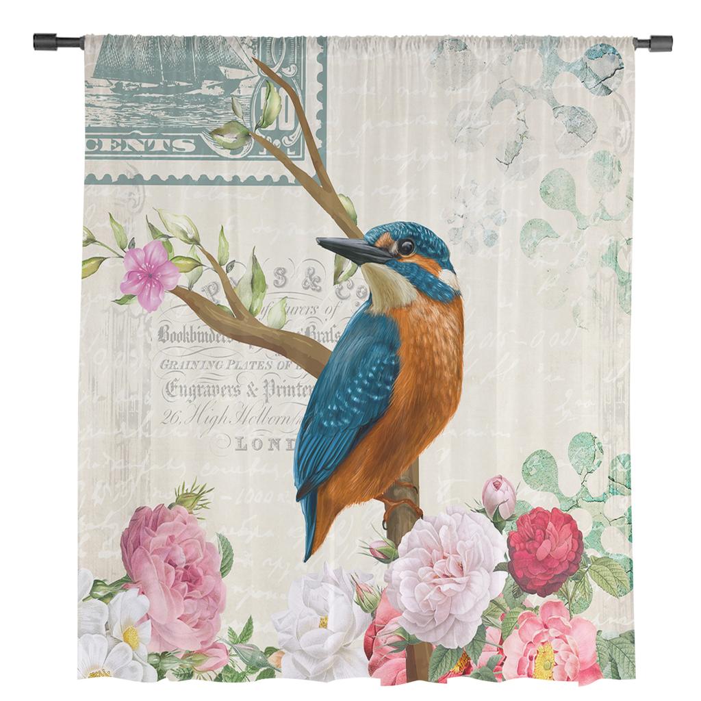 Vintage Flowers Bird Sheer Curtains for Living Room Decoration Window Curtains for Kitchen Tulle Voile Organza Curtains