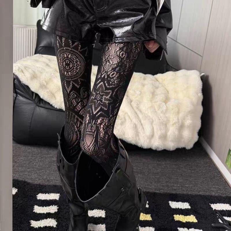 Sunflower Pattern Pantyhose Dark Night Gothic Wind Black Hollowed Jacquard Tights Stockings