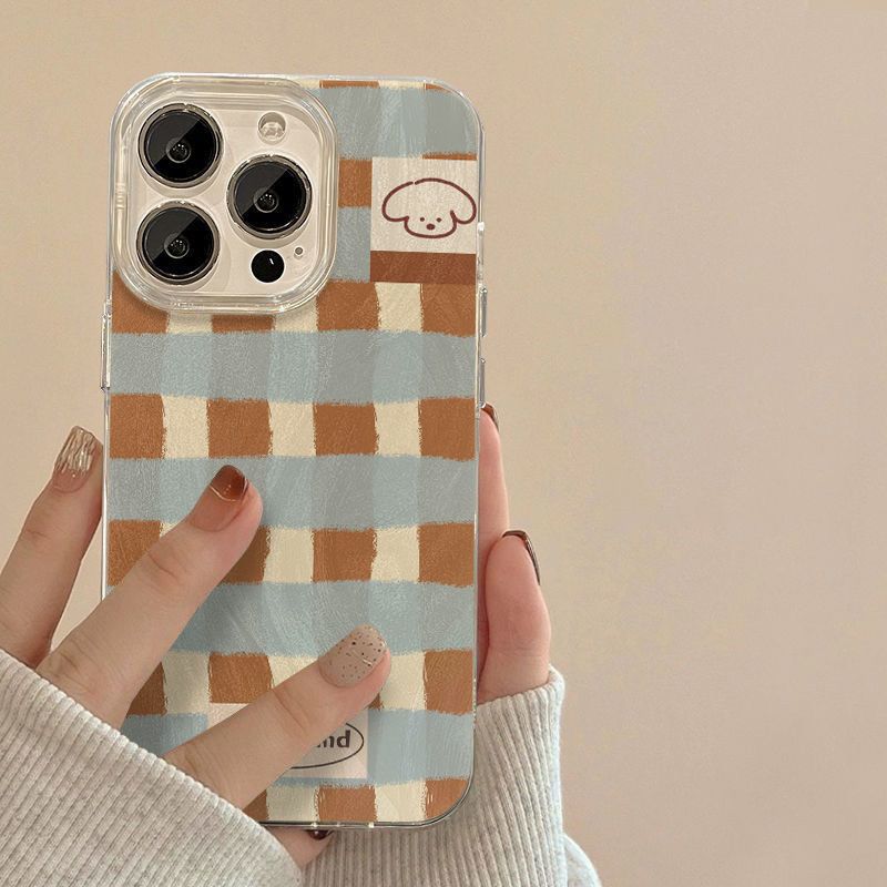 Grid Pattern Puppy Clear Phone Case For iPhone 16 Pro Max 15 14 13 12 11 Pro Max 14 15 Plus Shockproof Transparent Soft Cover