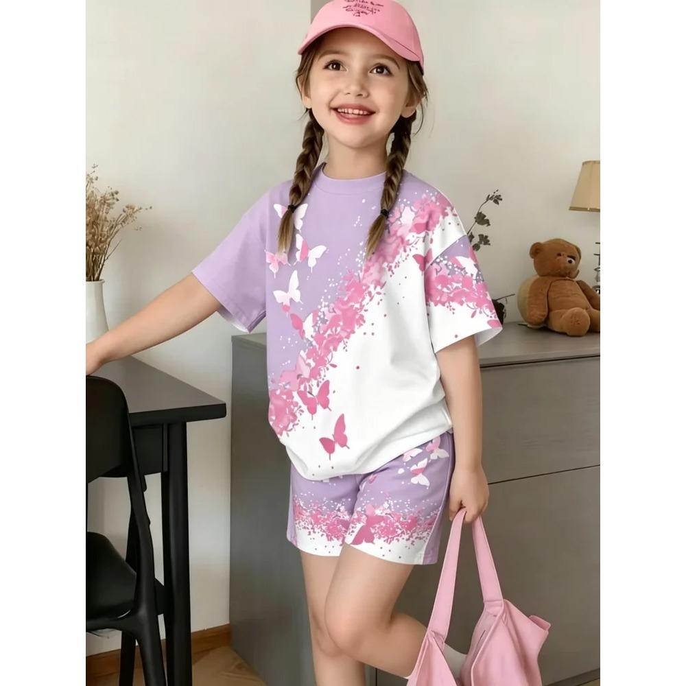 Aesthetic 3D Butterfly 2Pcs Summer Kids Outfit Comfy Short Sleeve Shorts Casual Daily Set For Boys Girls
