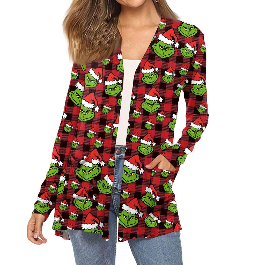 Women's Fashion Christmas Print Long-Sleeved Pocketed Slim-Fit Cardigan Coat