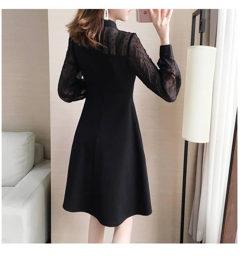 Plus Size Lace Slimming Dress - Cinched Waist, Long Sleeve, Spring & Autumn