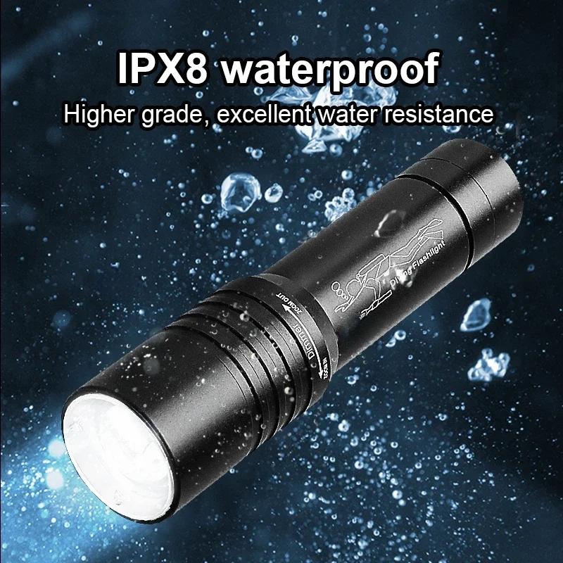 Zoomable Diving Flashlight IPX8 Waterproof Dive Lights Flashlight Portable 50M Underwater Diving Torch Hunting Lantern Fishing