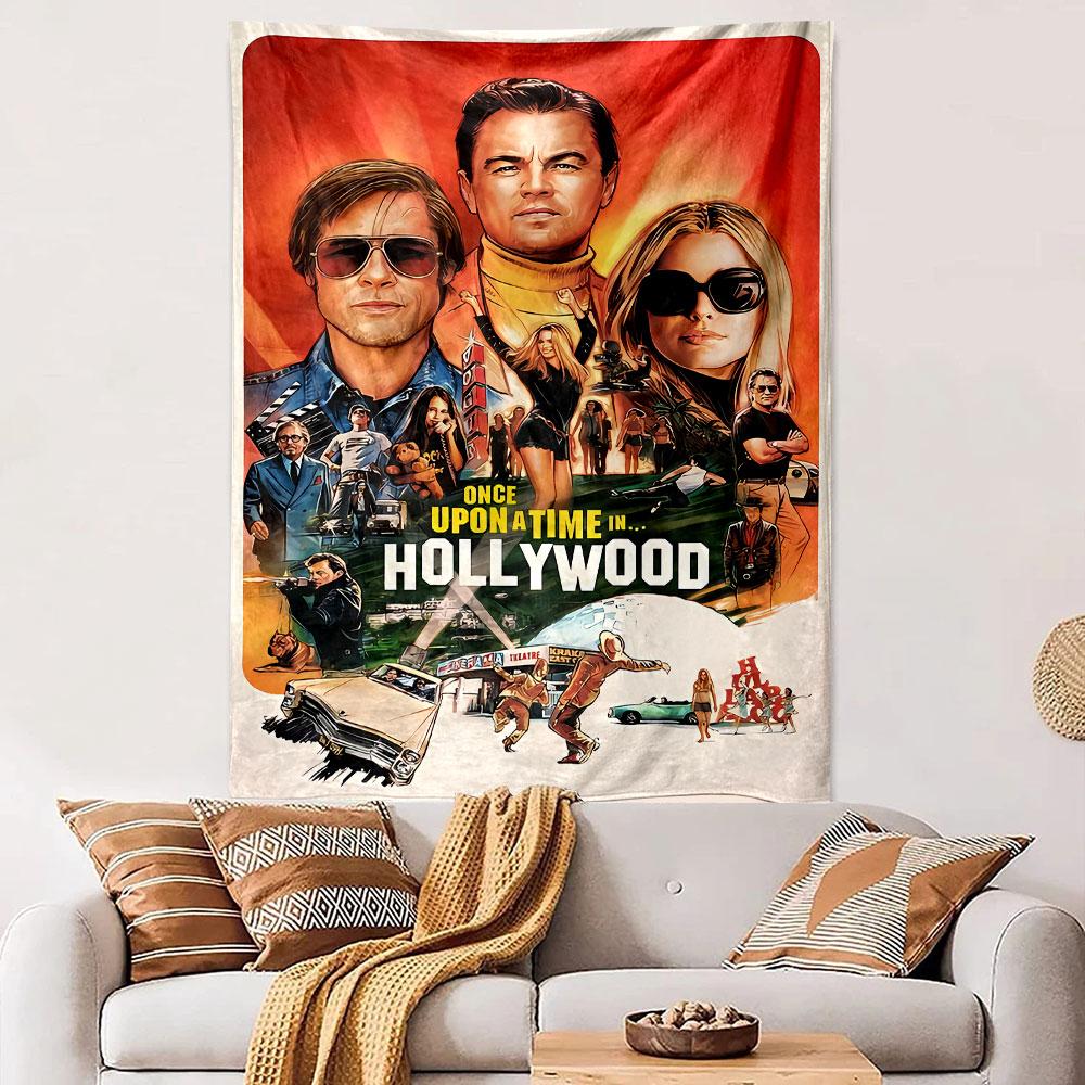 Collage of vibrant Hollywood scenes featuring prominent characters. Patterned tapestry for bedroom and living room home decor