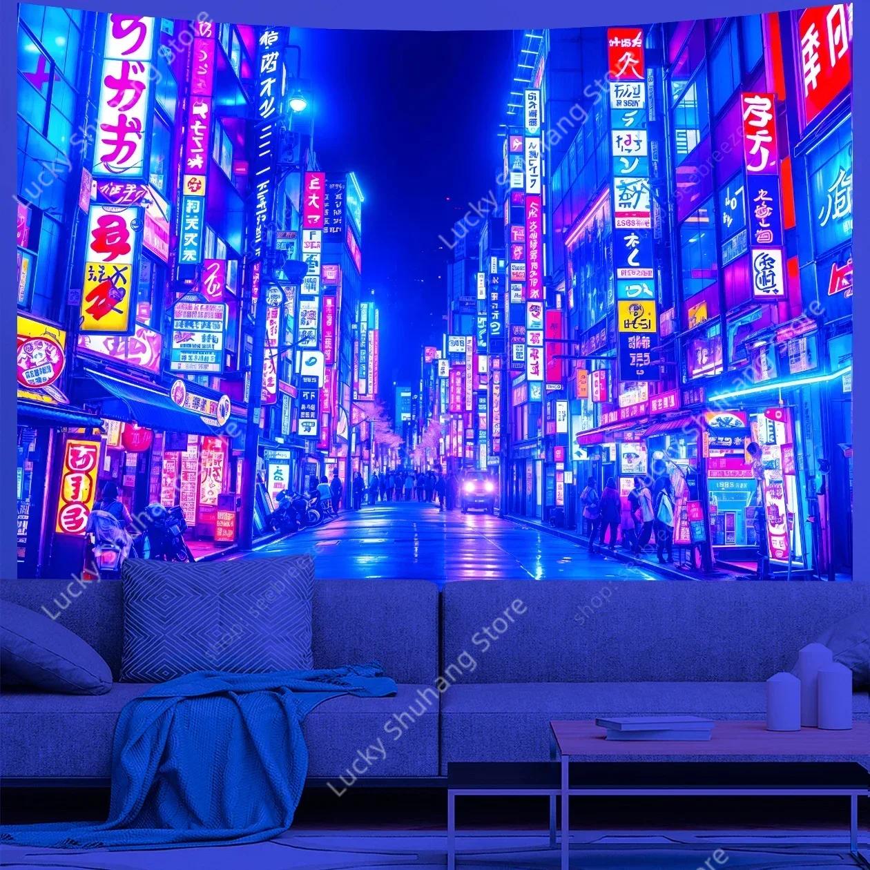 TOKYO Street UV Reactive Tapestry Japan Urban Night View Tapestry Wall Hanging Hippie Bedroom Aesthetic Living Room Home Decor 100X70CM