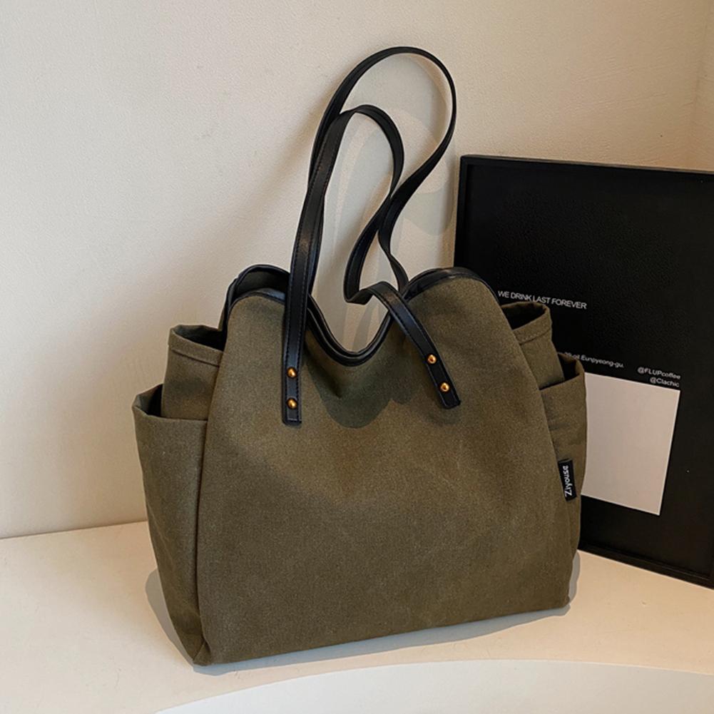 Women Canvas Tote Bag Multi Pockets Vintage Shoulder Bag Large Capacity Solid Shoulder Bag Ladies Commute Bag зелёный 7140₽