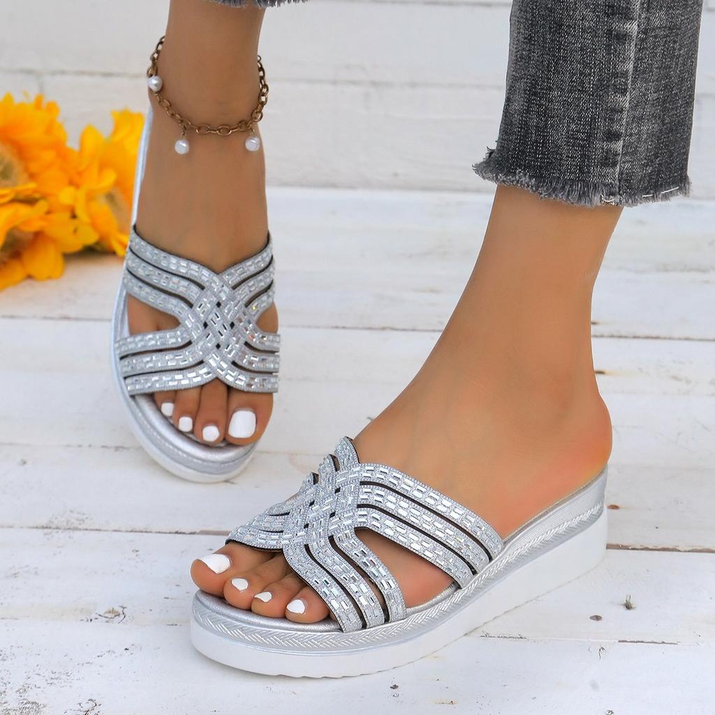 Women's Large Size Spring and Summer New Fashion Rhinestone High Heel Wedge Sandals Women's Muffin Platform Slipper