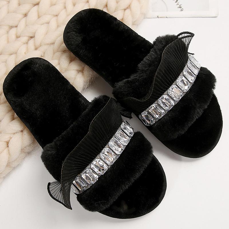 

Модные хлопковые тапочки с отделкой из стразов для женщин, черные плюшевые тапочки из искусственного меха для женщин, осенне-зимние легкие нескользящие хлопковые шлепанцы для дам 42-43 чёрный