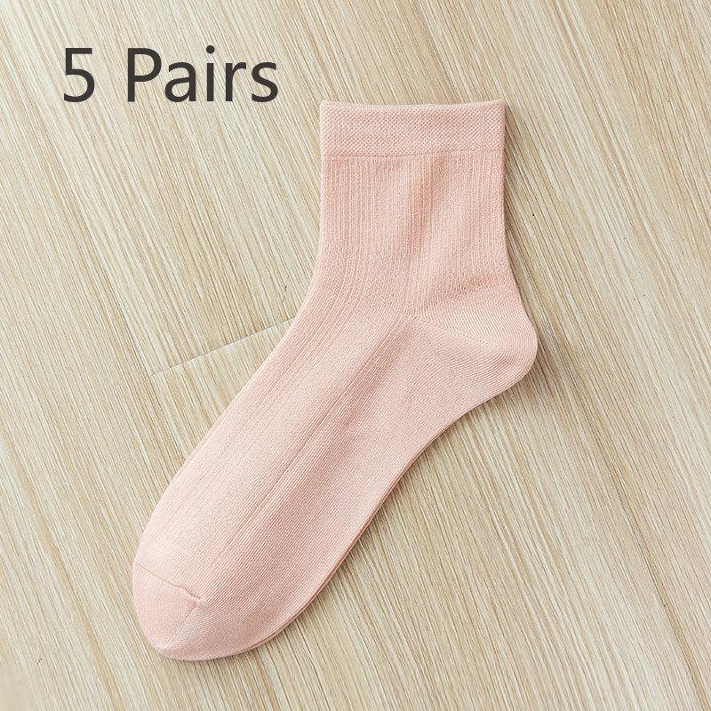 5 Pairs of Female Summer Thin Pure Cotton Anti Odor Antibacterial Breathable Solid Color Tube Socks