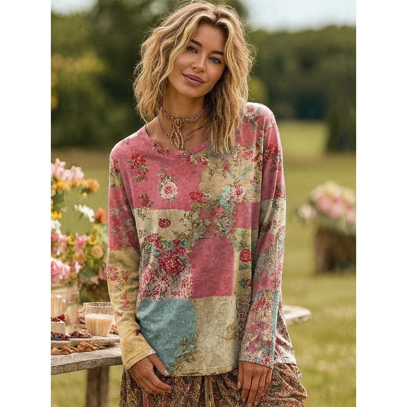 Potištěné tričko s dlouhým rukávem a kulatým výstřihem pro podzim a zimu, ležérní top, dámské oblečení