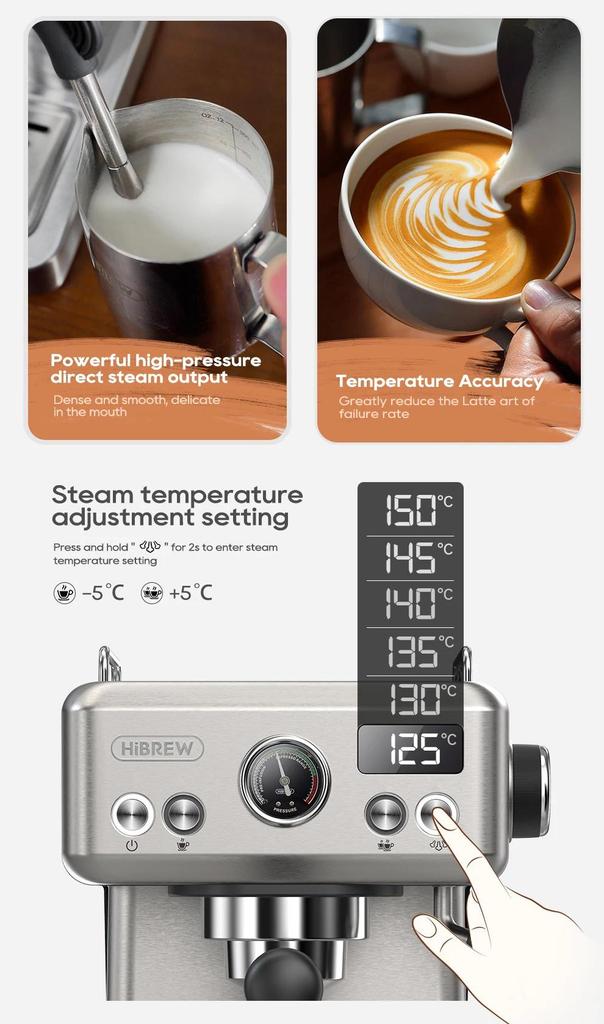 Nueva Cafetera Espresso Semiautomática HiBREW de 20 Bares Temperatura Ajustable Portafiltro de 58mm Cafetera Fría/Caliente Carcasa Metálica H10A
