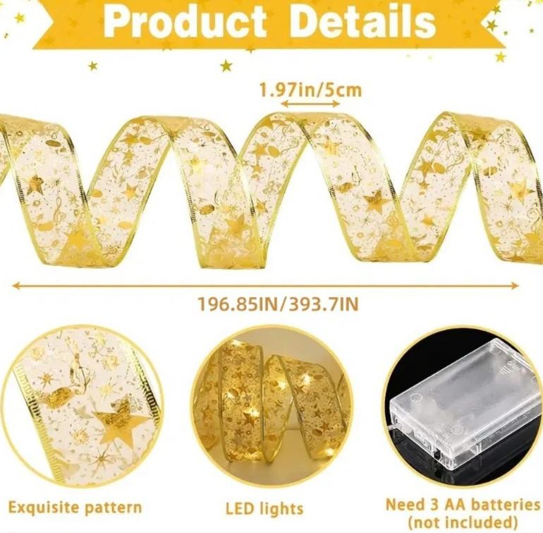 Battery Box Gold Ribbon Light String LED Double-Layer Luminous Satin Ribbon Lights Christmas Tree Decoration Gold Satin Ribbon Light String