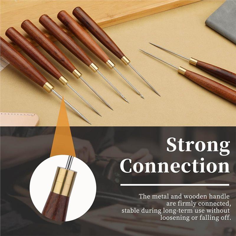 A84E-Leather Sewing Awl With Wooden Handle, 3 Sizes Scratch Awl Tool For DIY Craft, Leather Punching Stitching