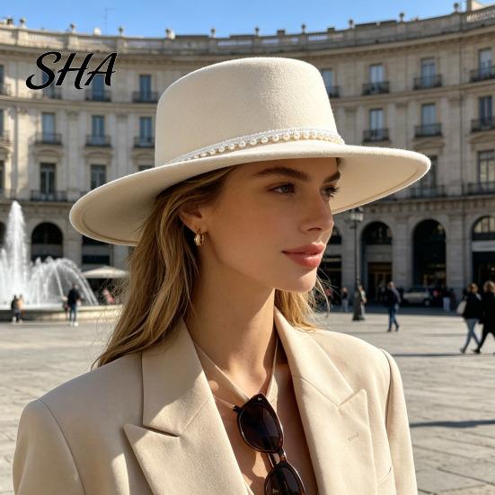 Luxury Faux Pearl Trimmed Hat Wide Brim Wool Felt for Women, Vintage Flat Top Fedora Elegant Winter Warm Headwear with Trim, Cap Autumn Fashion