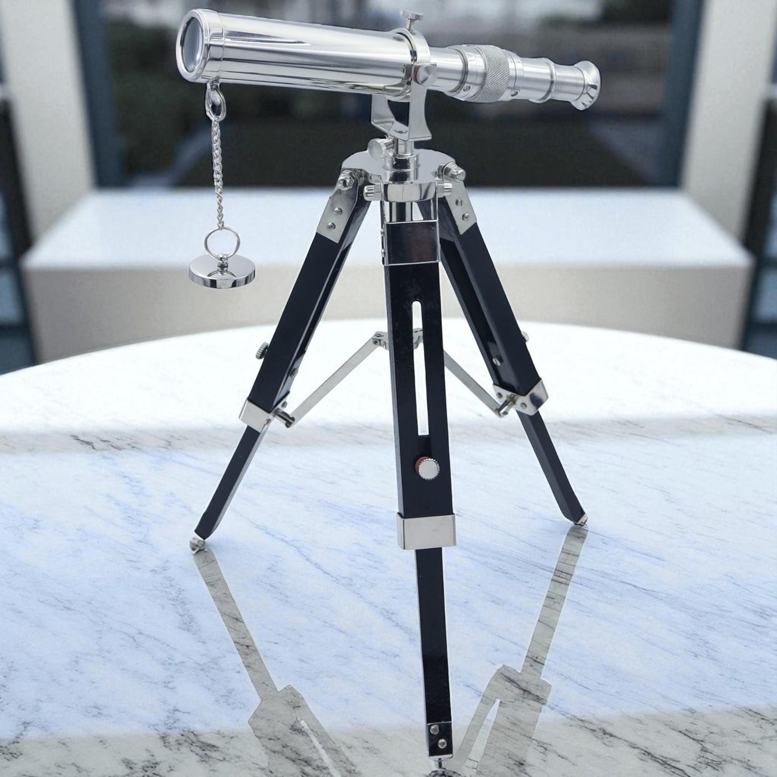 Personalized Silver Telescope with Wooden Tripod – Vintage Nautical Spyglass Home & Office Decor Gift