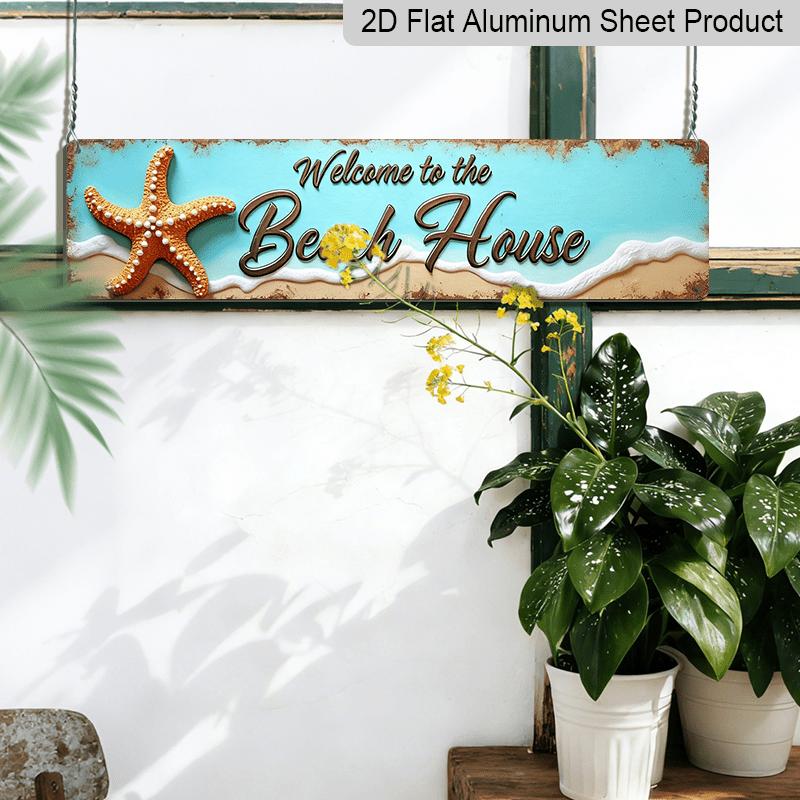 2D Flat, Stylized "Welcome To The Beach House" Metal Sign - Ocean Theme Wall Decor with Starfish and Shells Alumium Decorative Sign, Vintage Style