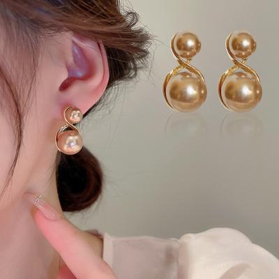 1 Pair Chic Earrings Champagne Color Geometric Faux Pearls Ear Studs Glossy Surface Electroplating