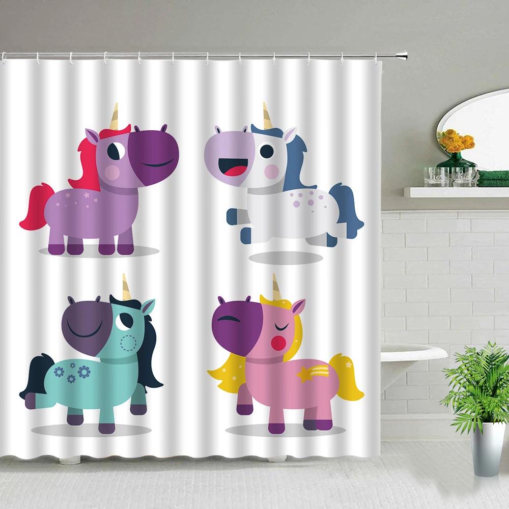Kreskówkowy Zwierzę Jednorożec Zasłony Prysznicowe Tęcza Motyl Dzieci Dziecko Dekoracja Łazienki Zestaw Zasłon Kąpielowych Wodoodporna Tkanina Z Haczykami