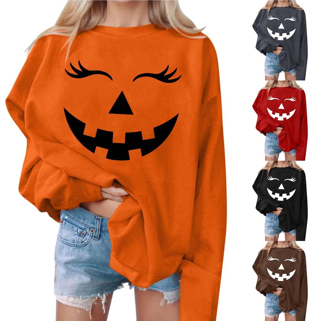 Women's Halloween Pumpkin Face Sweatshirt - Long Sleeve Casual Pullover for Fall