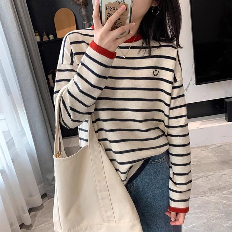 Large Size Loose and Lazy Knitted Bottoming Shirt Women's Autumn Casual and Thin Embroidered Top Contrasting Color Striped Soft Waxy Sweater