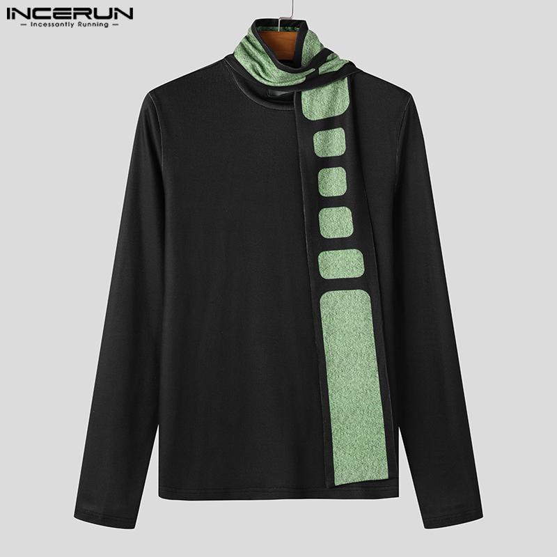 INCERUN Men High Neck Long Sleeve Scarf Pullover Casual Patchwork Tops