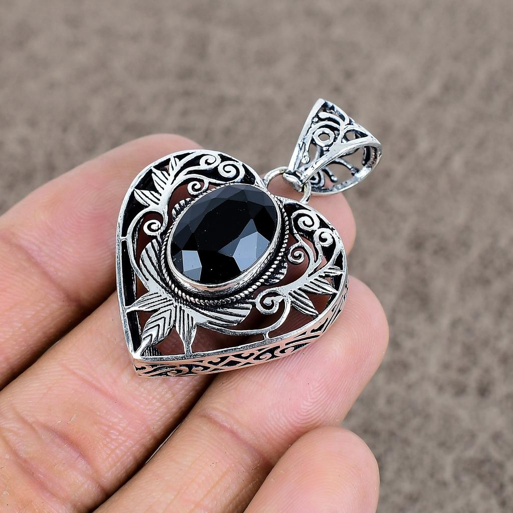Black Spinel Gemstone Handmade 925 Sterling Silver Jewelry Pendant 1.77" KKG-52