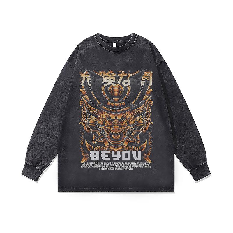 Amerikanische Trendmarke Vintage Retro Racing Digitaler Direktdruck Reine Baumwolle Gewaschen Locker Langarm-T-Shirt Herren