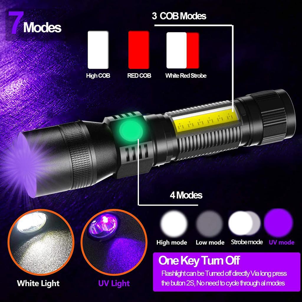 7-Function USB Rechargeable Magnetic Flashlight with Fluorescent Detection: Includes Red, White, Purple, and COB Strong Light with Focus.