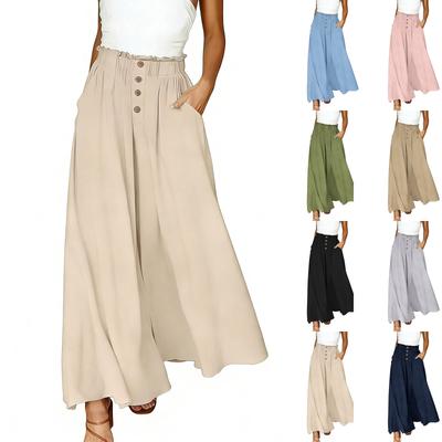Women Cotton Linen Wide Leg Pants with Pockets Elastic Waist High Waist Loose Fit Button Design Casual Trousers